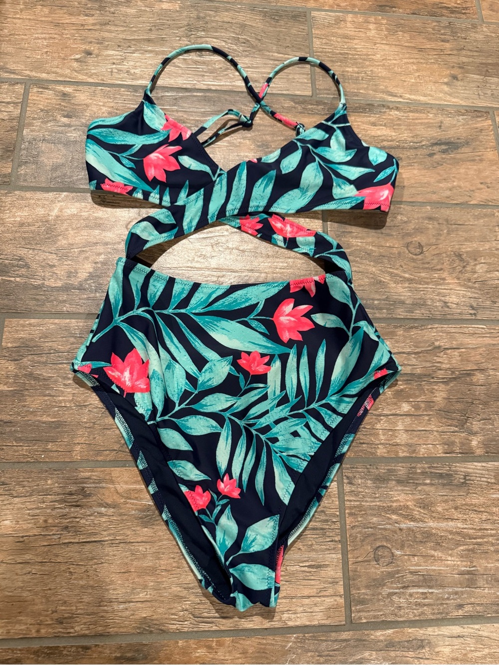 Aerie Navy Tropical Cutout One-Piece with Teal Leaves & Pink Flowers